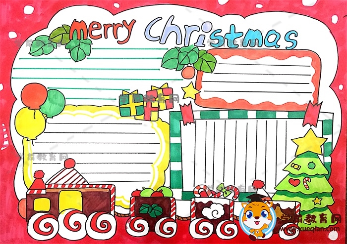 简单又美观的圣诞节手抄报绘画模板，英文版圣诞节手抄报画法教程