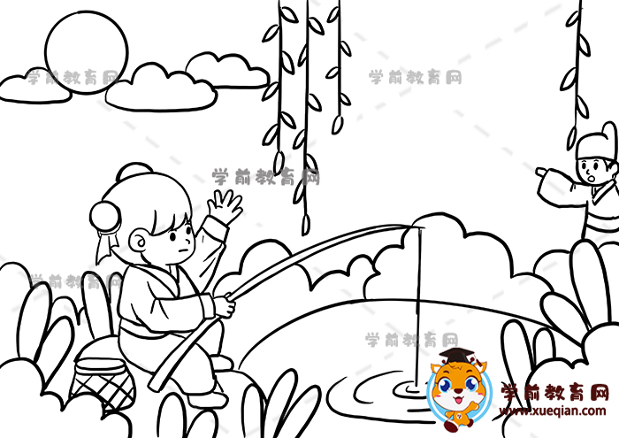 小儿垂钓诗配画