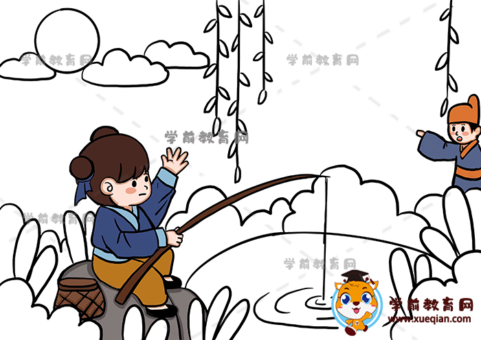 二年级小朋友小儿垂钓诗配画模板,有创意的古诗小儿垂钓诗配画作品